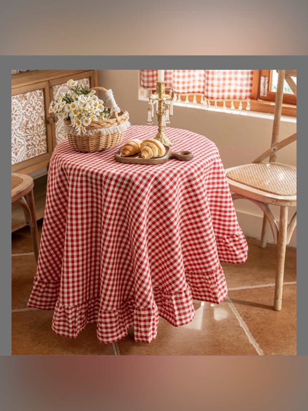 Red Gingham Round Tablecloth with Ruffle Edge - Home Dining